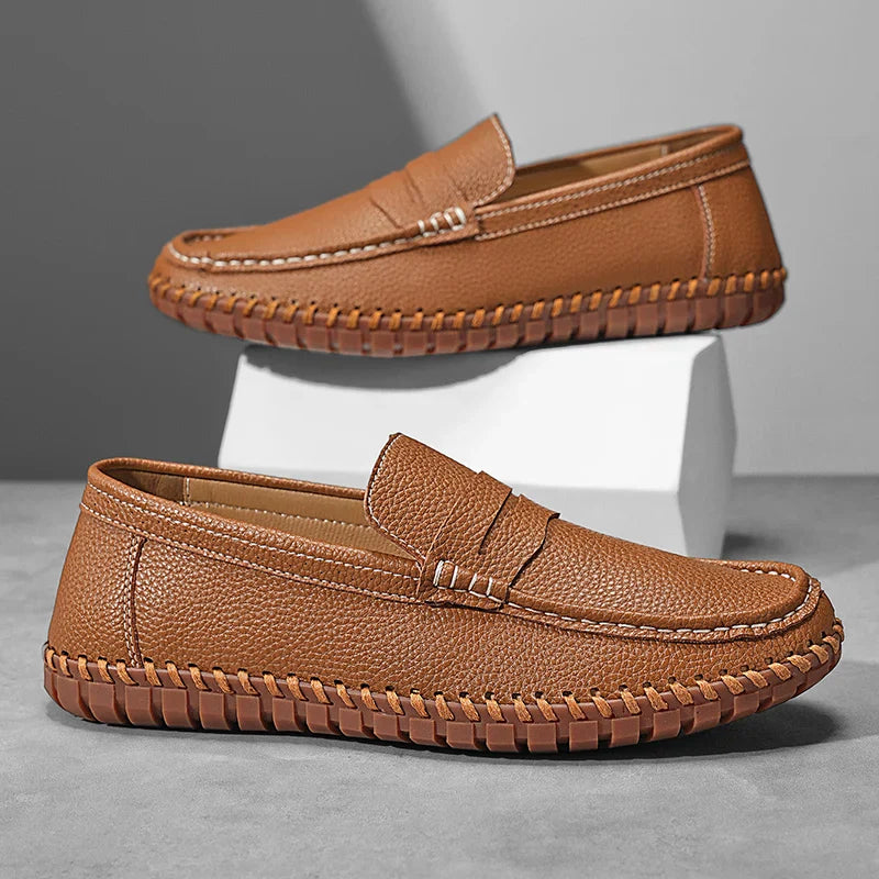 Men's Genuine Leather Penny Loafers - Hand-Stitched Slip-On