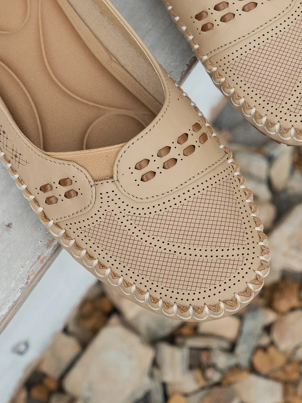 Women's Slip-On Loafer Flats - Round Toe - Perforated Upper - Lug Sole