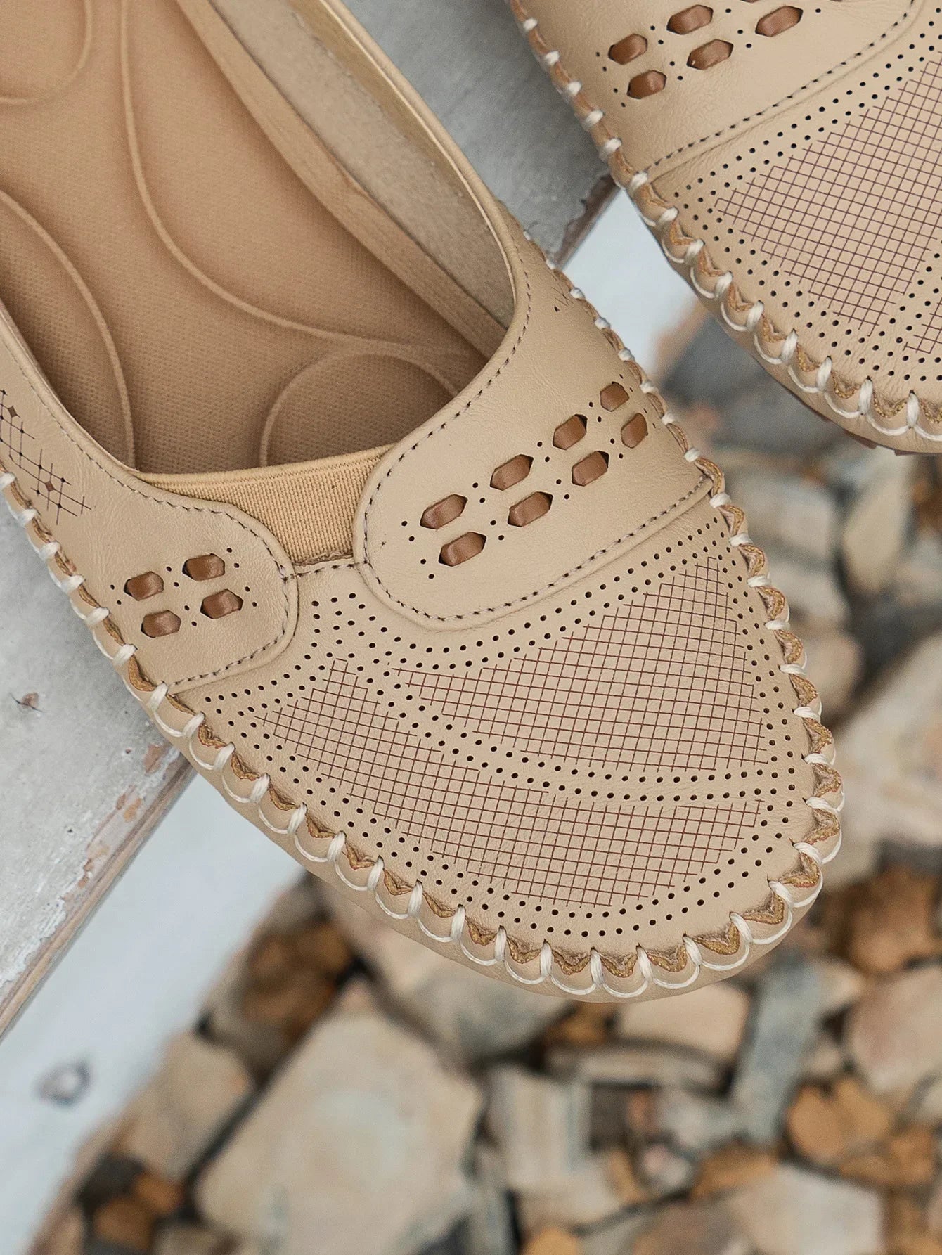 Women's Slip-On Loafer Flats - Round Toe - Perforated Upper - Lug Sole