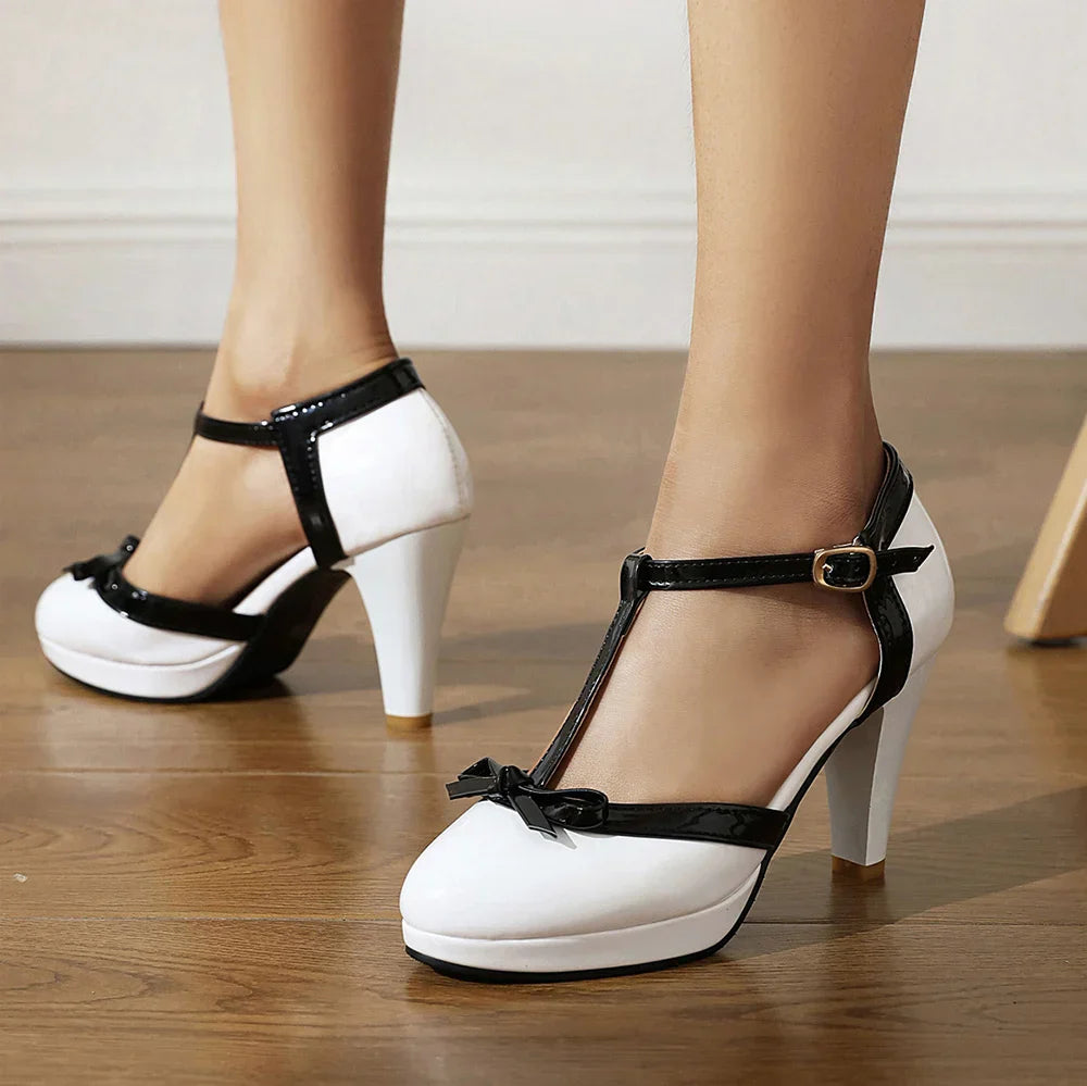 Women’s Rounded Toe T-Strap Heels with Bow Detail and Buckle Closure