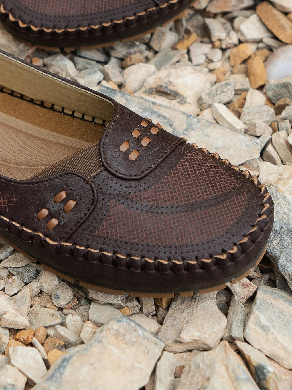 Women's Slip-On Loafer Flats - Round Toe - Perforated Upper - Lug Sole