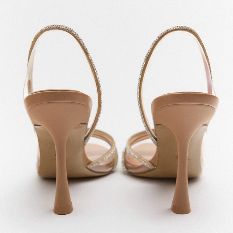 Women's Rhinestone Strap High Heel Slingback Sandals - Pointed Toe