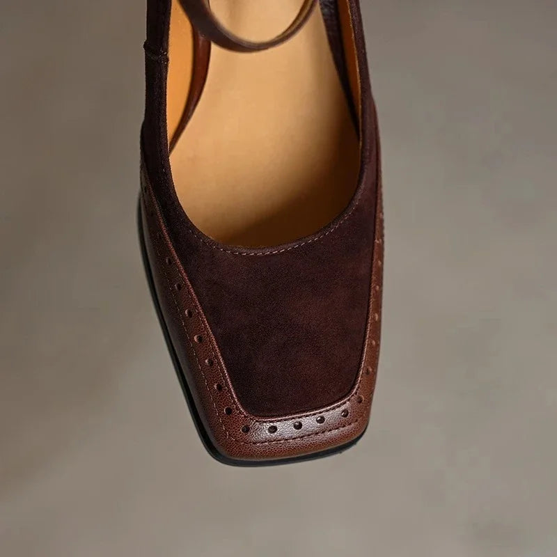 Women’s Square Toe Mary Jane Heels with Ankle Strap Buckle and Block Heel