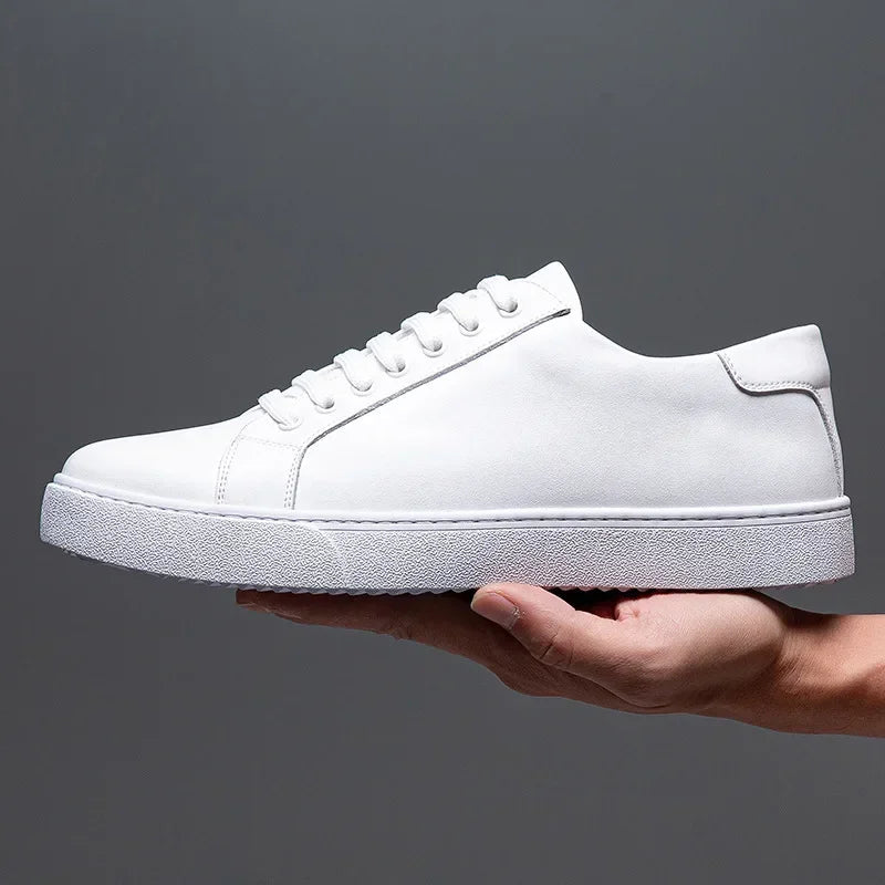 Men’s Faux Leather Low-Top Lace-Up Sneakers with White Rubber Sole