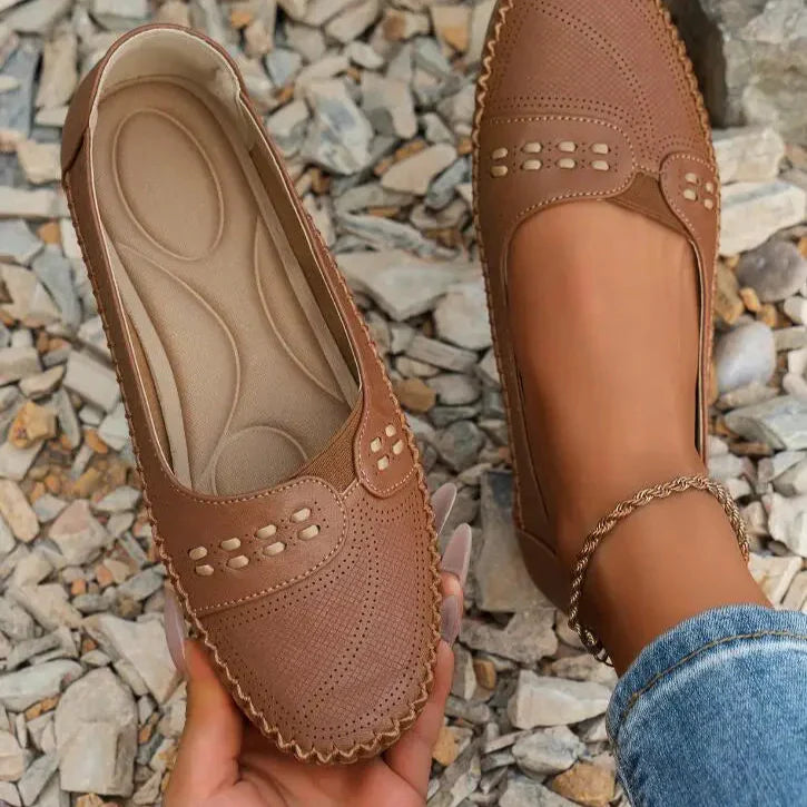 Women's Slip-On Loafer Flats - Round Toe - Perforated Upper - Lug Sole
