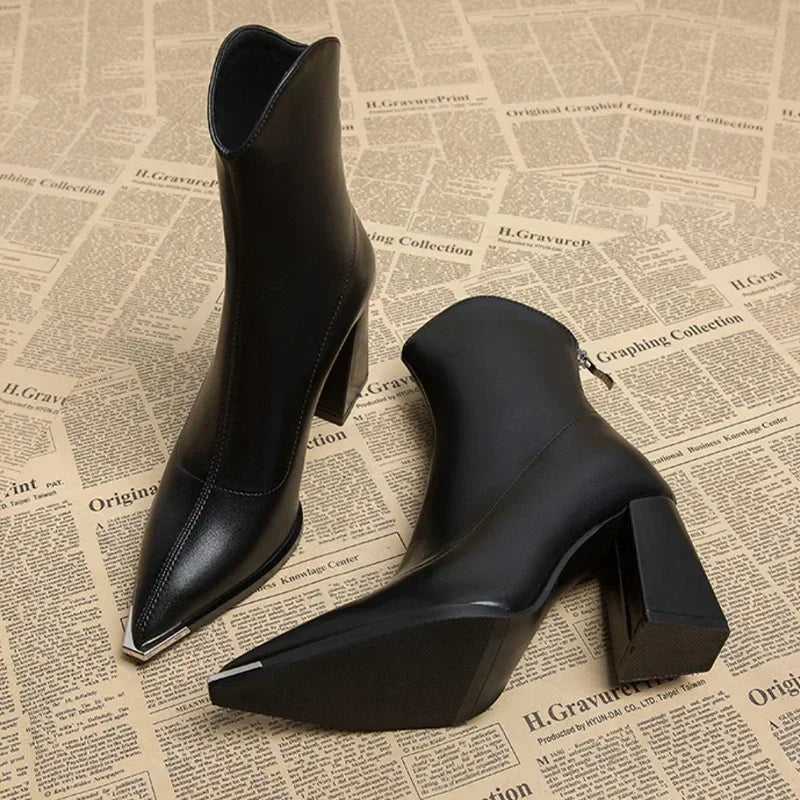 Women’s Ankle Boots with Pointed Toe, Block Heel, and Metallic Toe Detail