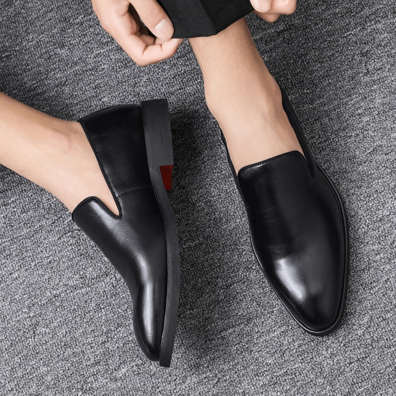 Men’s Faux Leather Slip-On Loafers with Rounded Toe and Red Sole