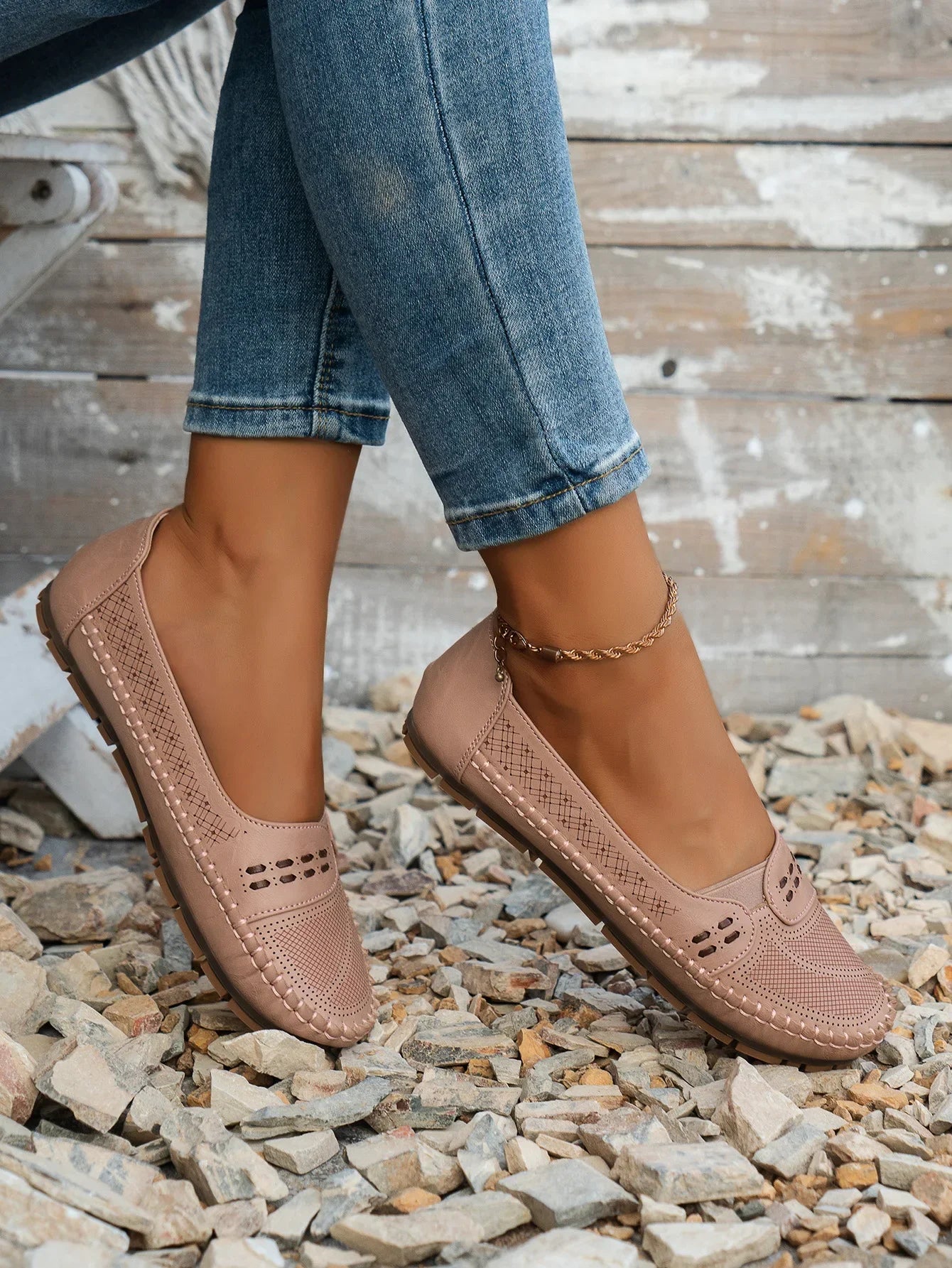 Women's Slip-On Loafer Flats - Round Toe - Perforated Upper - Lug Sole