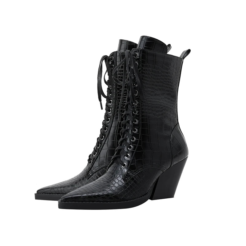 Women’s Faux-Leather Lace-Up Pointed-Toe Boots with Croc Texture and Block Heel