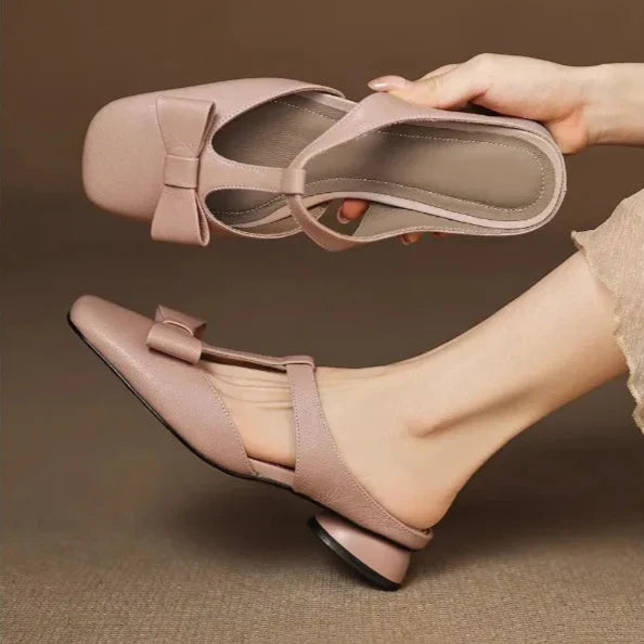 Women’s Retro Leather Mule Flats with Bow Detail & Square Toe