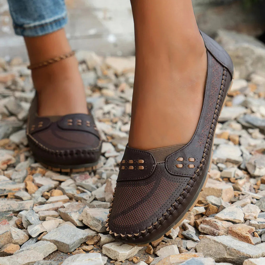 Women's Slip-On Loafer Flats - Round Toe - Perforated Upper - Lug Sole