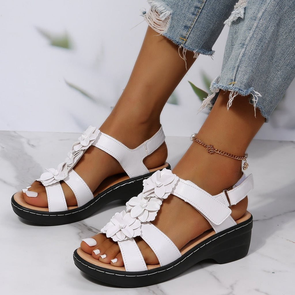 Women’s Open-Toe Sandals with Slingback Strap, Floral Upper Detail, and Wedge Sole