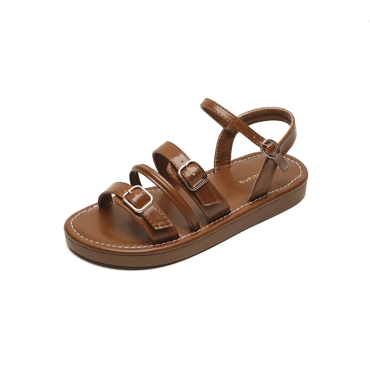 Women’s Flat Leather Sandals with Multi-Strap Buckle Design and Open Toe