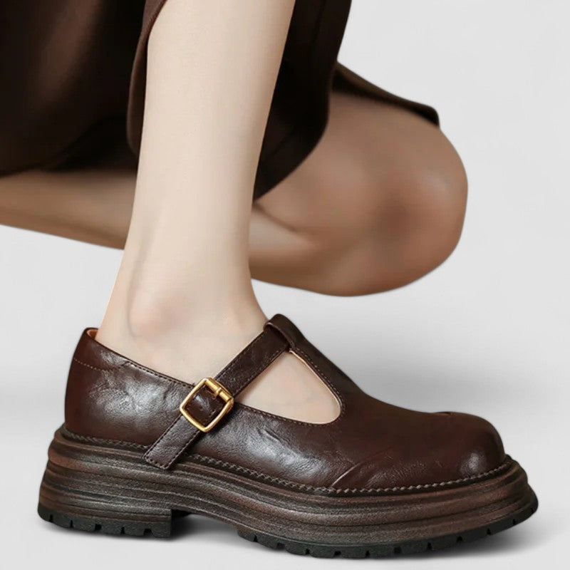 Women's Leather Mary Jane T-Bar Buckle Platform Heels