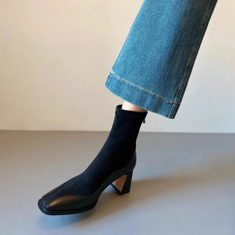 Women’s Ankle Boots with Block Heel and Spliced Panel Design