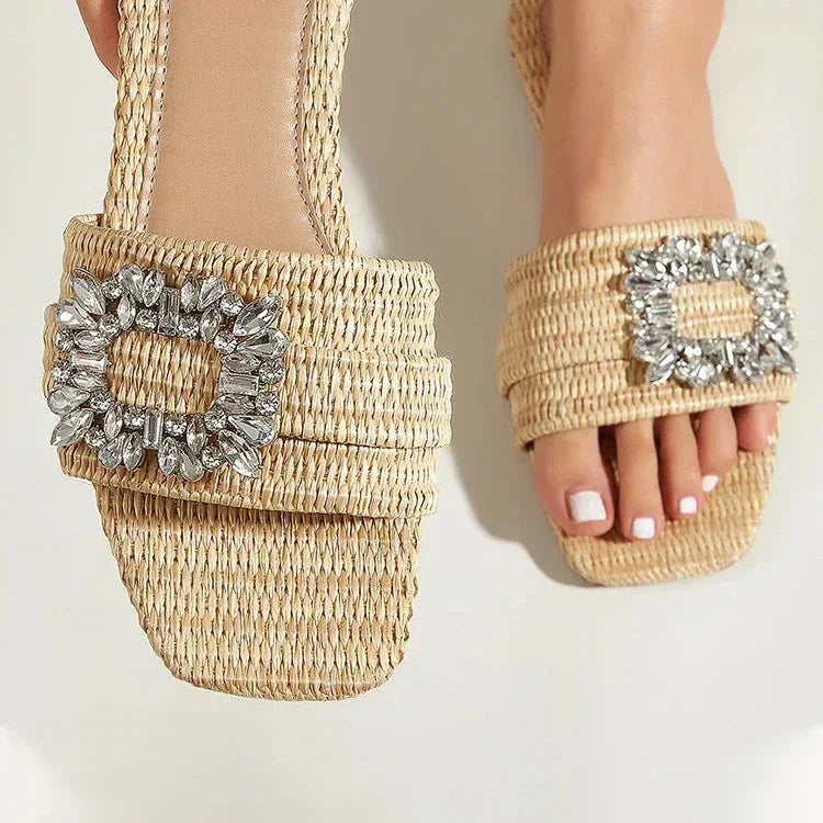 Women's Slide Sandals - Square Toe - Woven Strap - Rhinestone Brooch Detail
