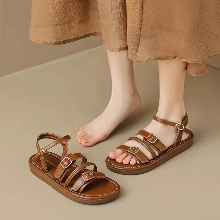 Women’s Flat Leather Sandals with Multi-Strap Buckle Design and Open Toe