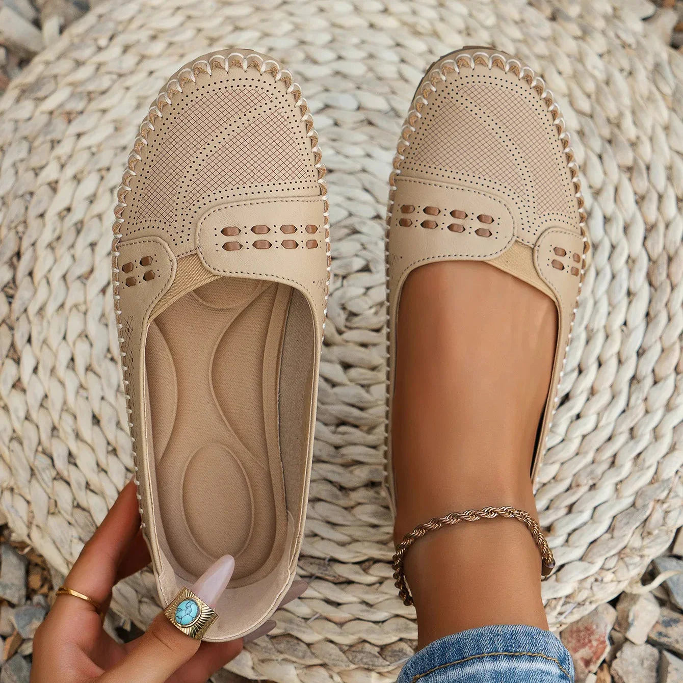 Women's Slip-On Loafer Flats - Round Toe - Perforated Upper - Lug Sole