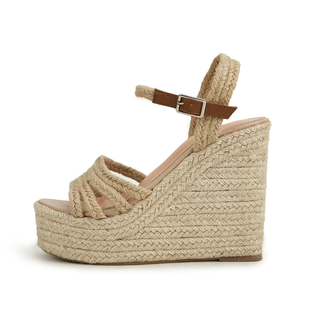 Women’s Open Toe Faux Leather Rope Strap Wedge Sandals with Platform Sole