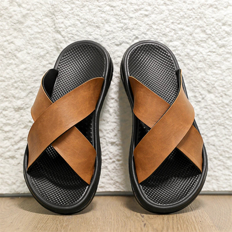 Men's Cross-Strap Slide Sandals - Open Toe - Flat Rubber Sole