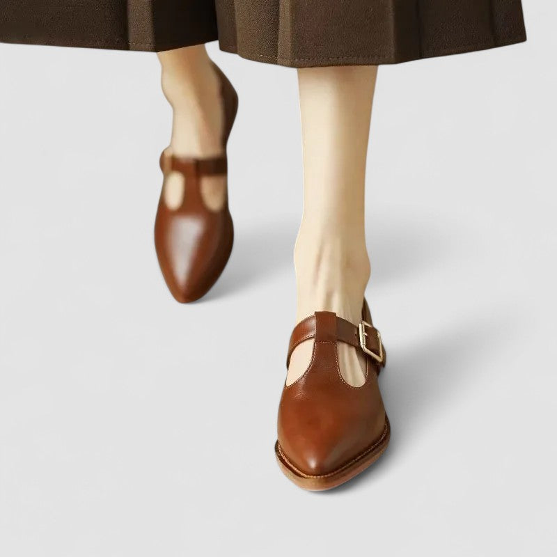 Women's Leather Pointed Toe Mary Jane Flats - T-Bar Strap - Block Heel