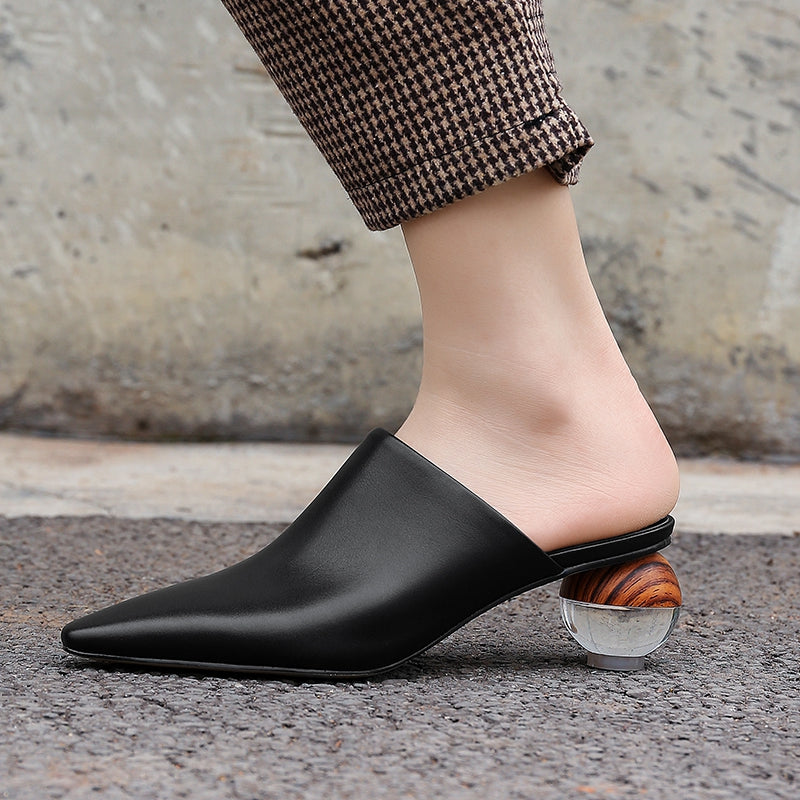Women's Leather Pointed Toe Mules - Closed Toe - Sphere Heel - Slip-On Sandals