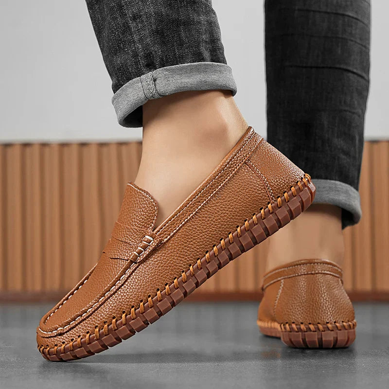 Men's Genuine Leather Penny Loafers - Hand-Stitched Slip-On