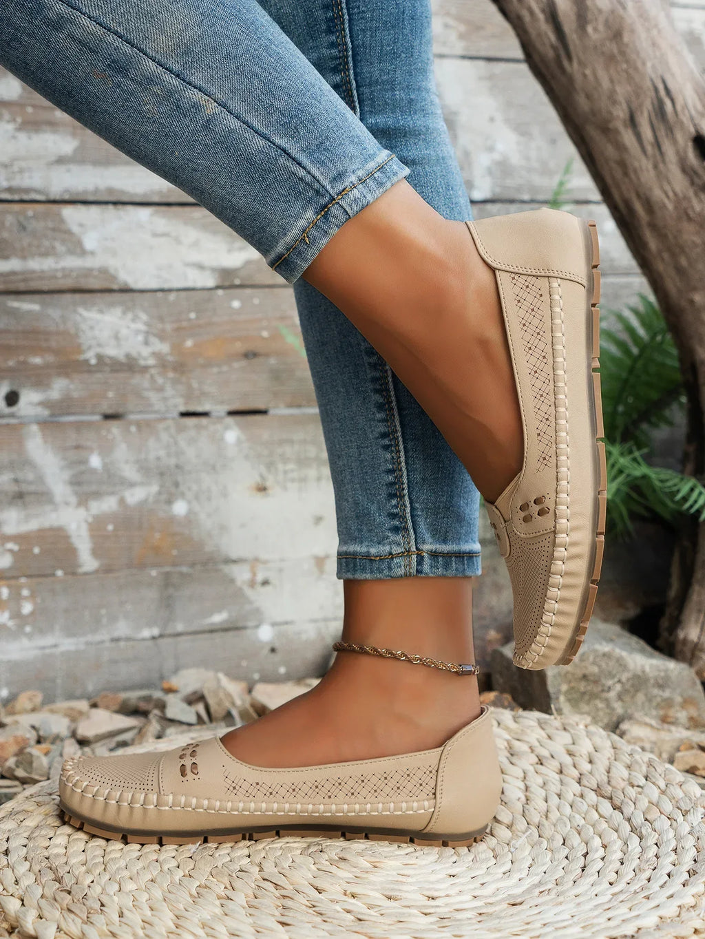 Women's Slip-On Loafer Flats - Round Toe - Perforated Upper - Lug Sole