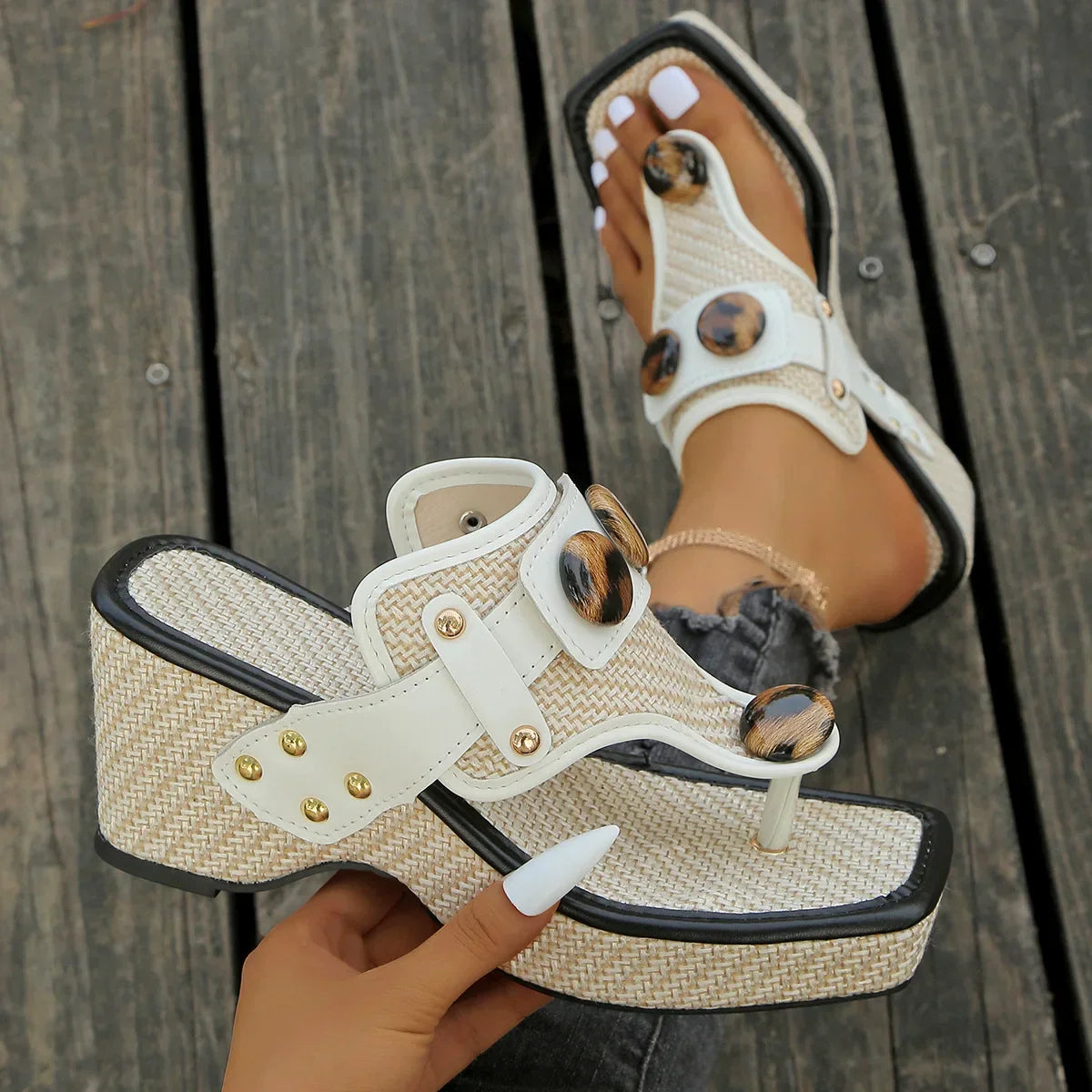 Women's Wedge Sandals - Open Toe Thong Slip-On with Platform Sole