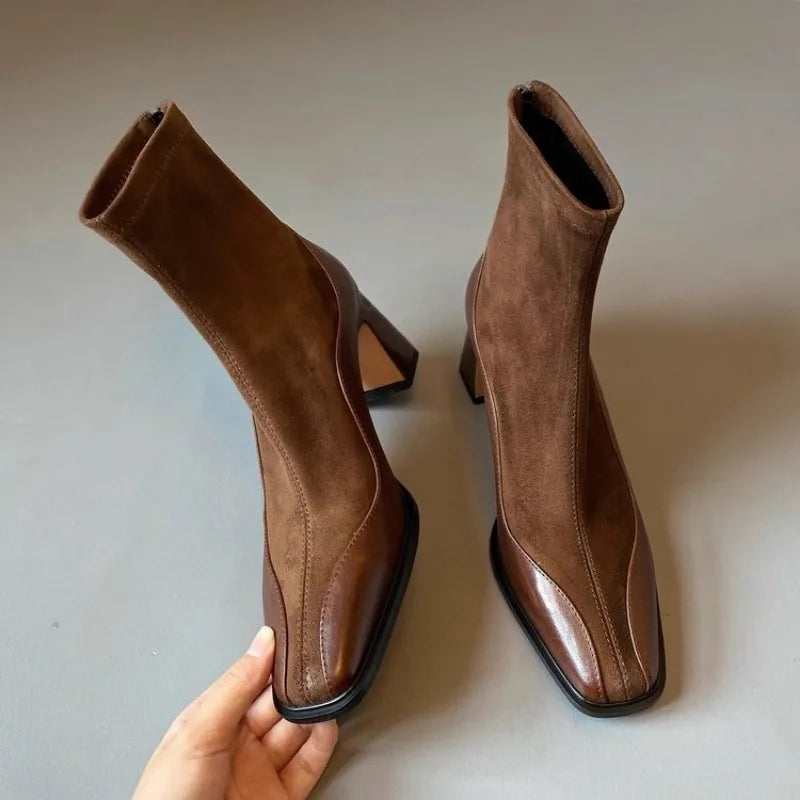 Women’s Ankle Boots with Block Heel and Spliced Panel Design