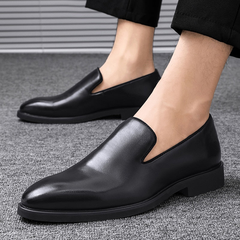 Men’s Faux Leather Slip-On Loafers with Rounded Toe and Red Sole