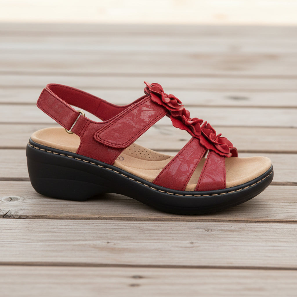 Women’s Open-Toe Sandals with Slingback Strap, Floral Upper Detail, and Wedge Sole