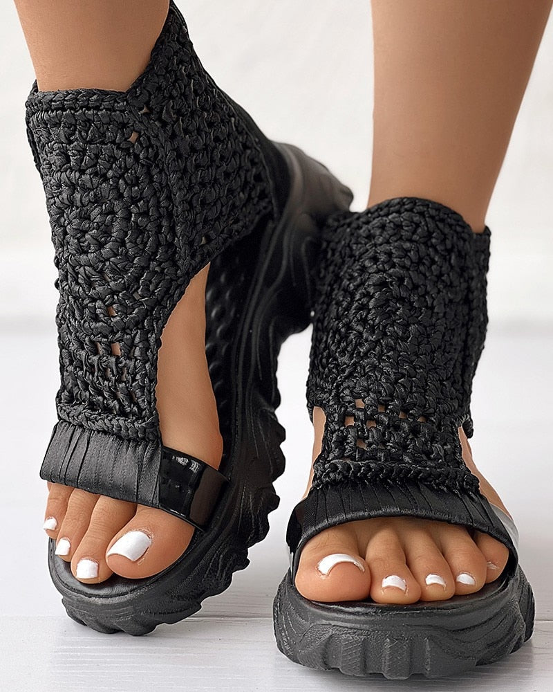 Women’s Open Toe Wedge Sandals with Woven Upper and Platform Sole