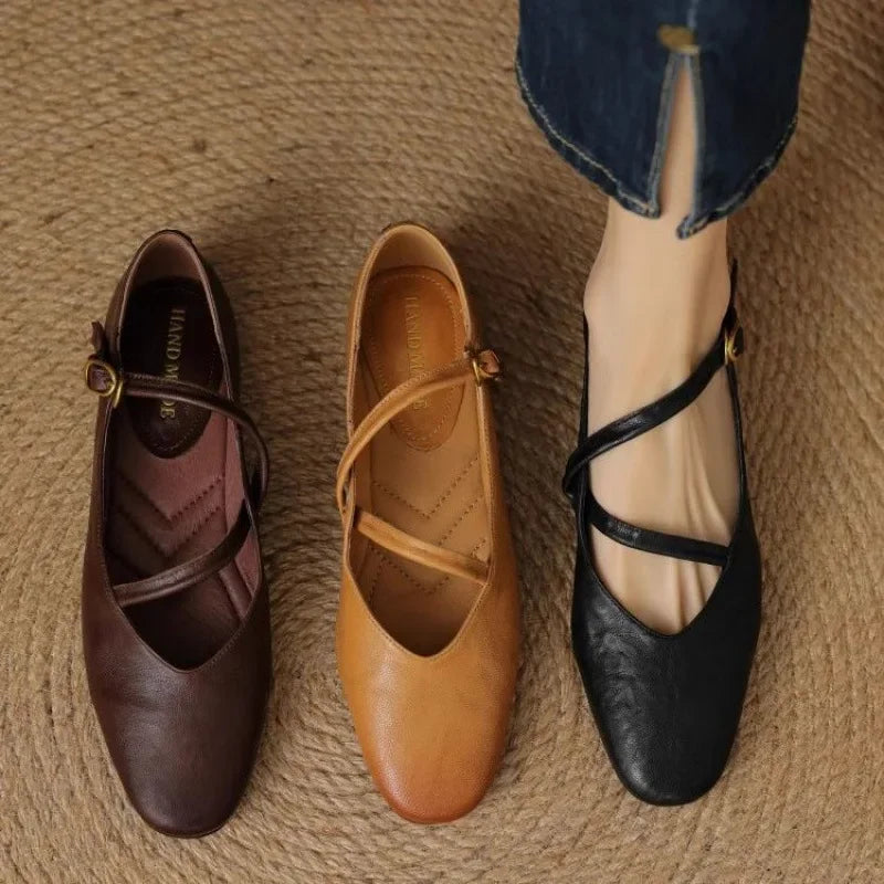 Women's Mary Jane Flats - Cross-Strap Buckle Closure Pointed Toe