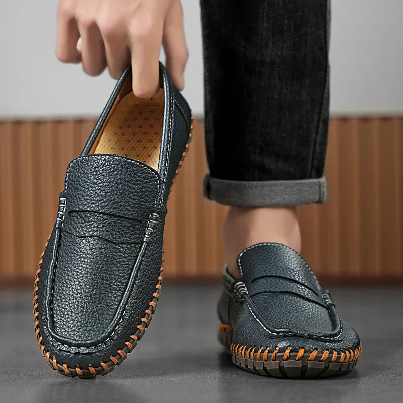 Men's Genuine Leather Penny Loafers - Hand-Stitched Slip-On