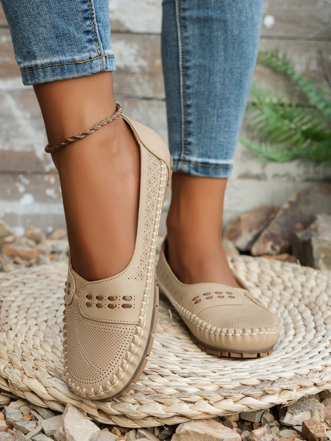 Women's Slip-On Loafer Flats - Round Toe - Perforated Upper - Lug Sole