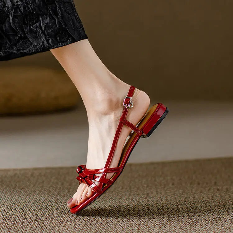 Women's Strappy Sandals - Square Toe - Slingback Buckle - Low Block Heel