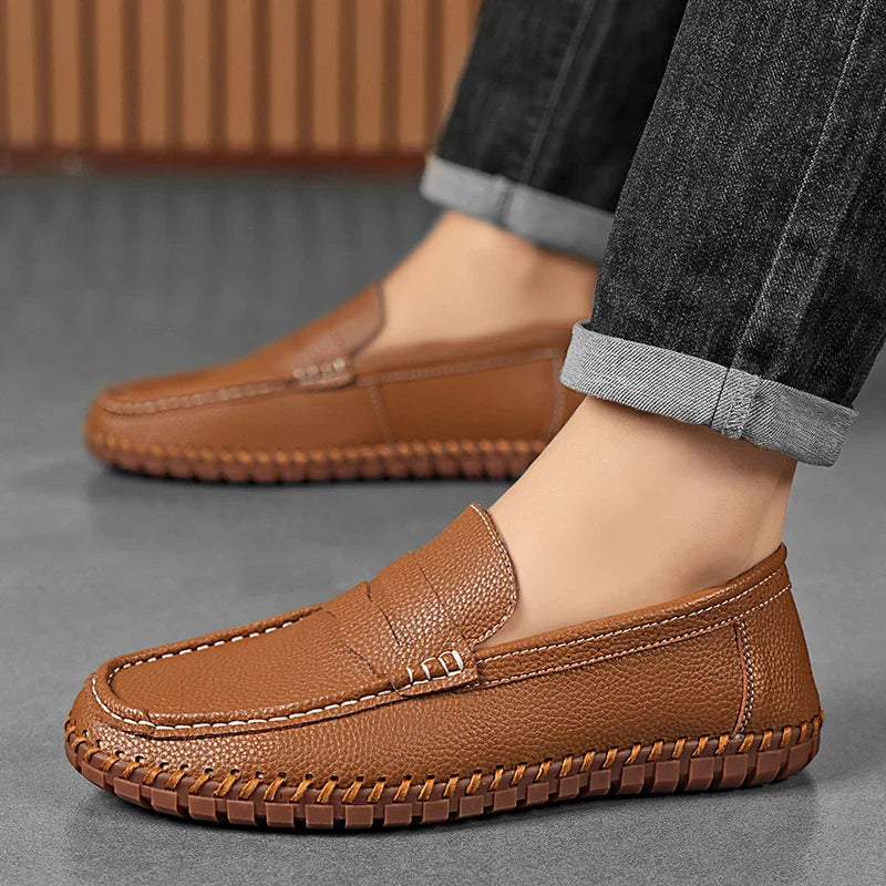 Men's Genuine Leather Penny Loafers - Hand-Stitched Slip-On