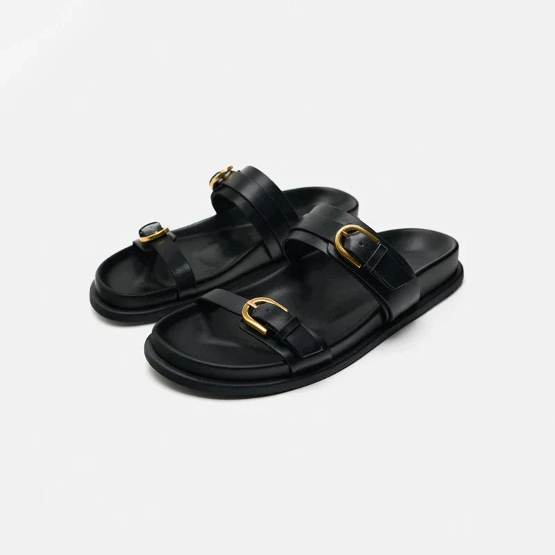 Women's Slide Sandals with Dual Buckle Straps - Open Toe Flat Slide - Gold-Tone Hardware