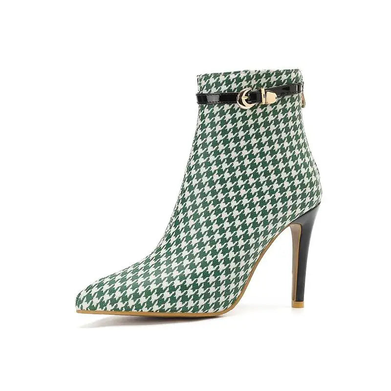 Women's Houndstooth Ankle Boots - Pointed Toe Stiletto Heels
