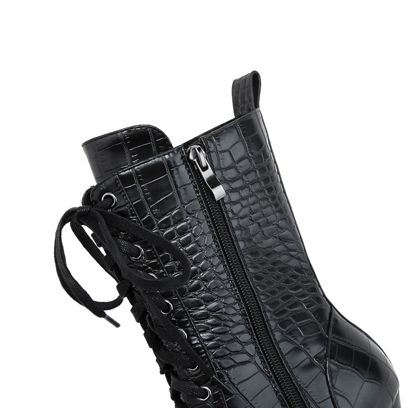 Women’s Faux-Leather Lace-Up Pointed-Toe Boots with Croc Texture and Block Heel