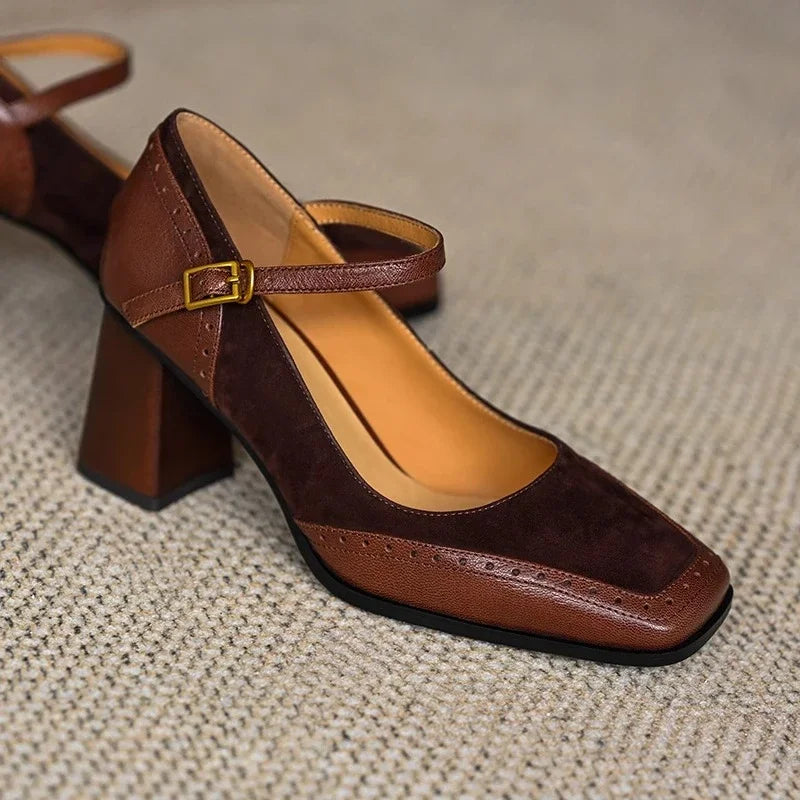 Women’s Square Toe Mary Jane Heels with Ankle Strap Buckle and Block Heel