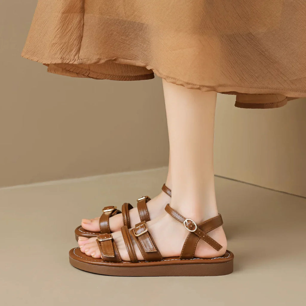 Women’s Flat Leather Sandals with Multi-Strap Buckle Design and Open Toe