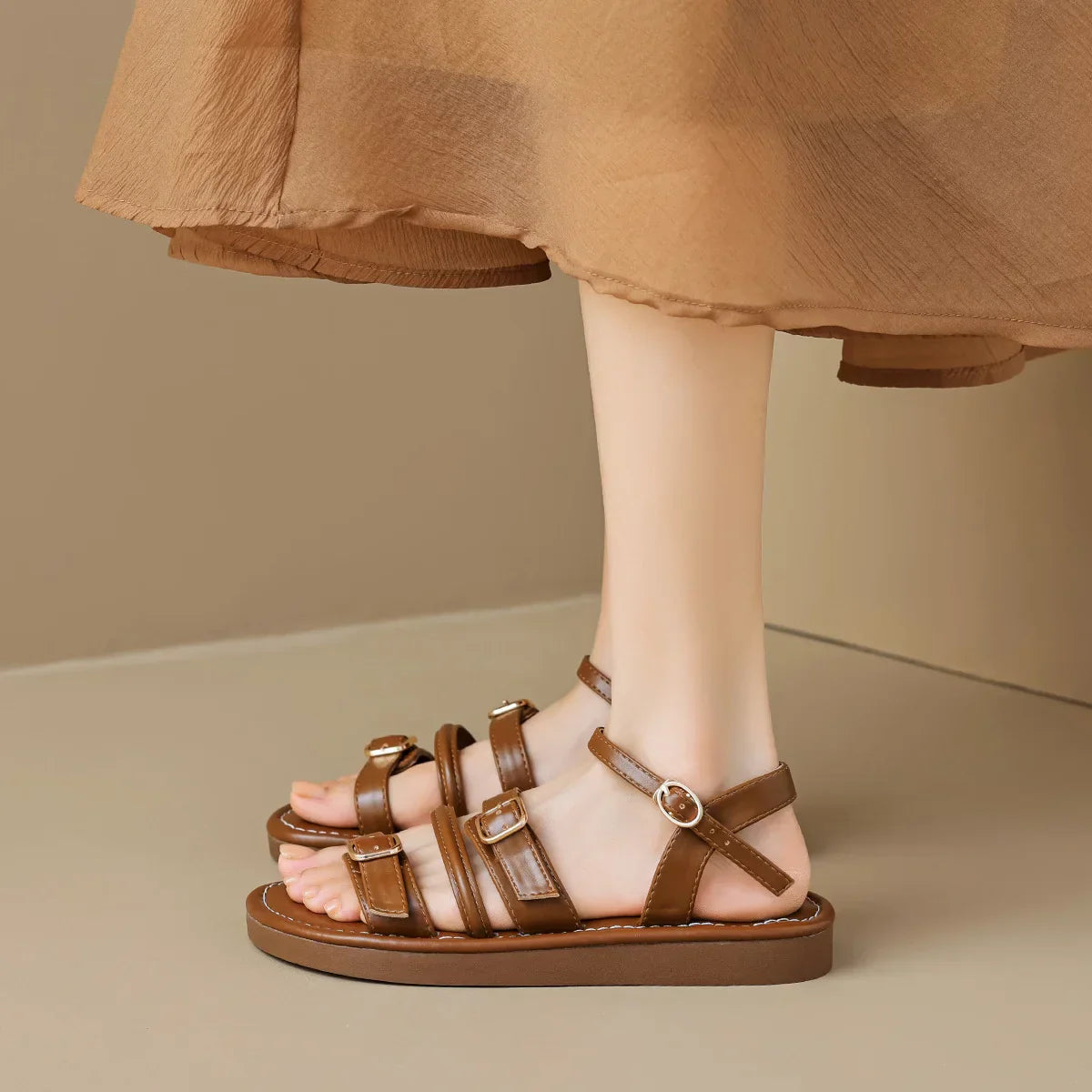 Women’s Flat Leather Sandals with Multi-Strap Buckle Design and Open Toe