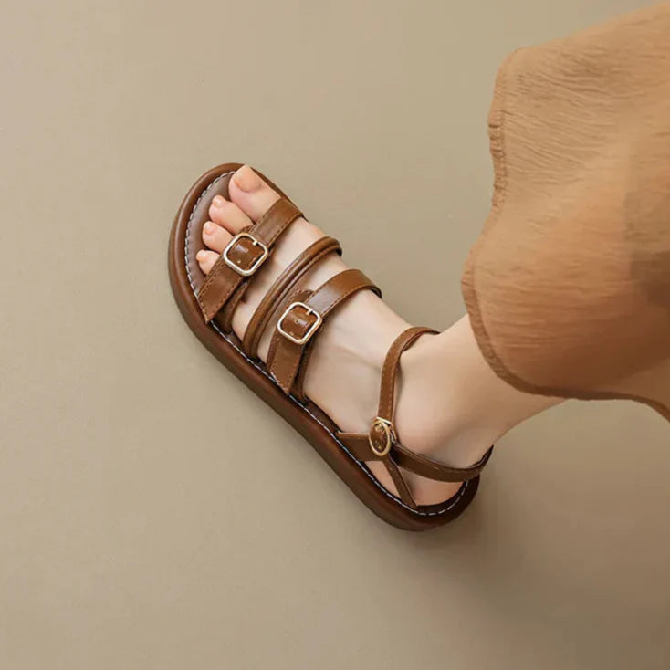 Women’s Flat Leather Sandals with Multi-Strap Buckle Design and Open Toe
