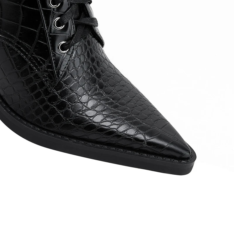 Women’s Faux-Leather Lace-Up Pointed-Toe Boots with Croc Texture and Block Heel