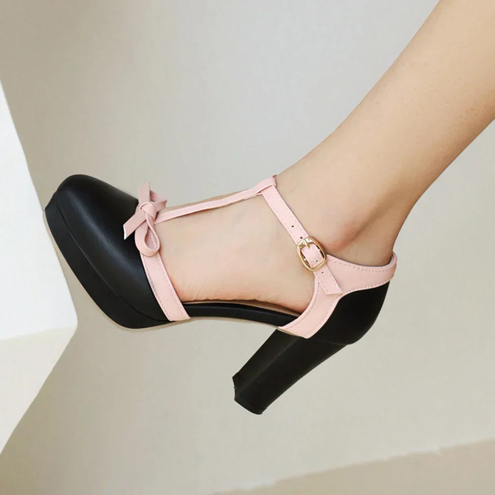 Women’s Rounded Toe T-Strap Heels with Bow Detail and Buckle Closure