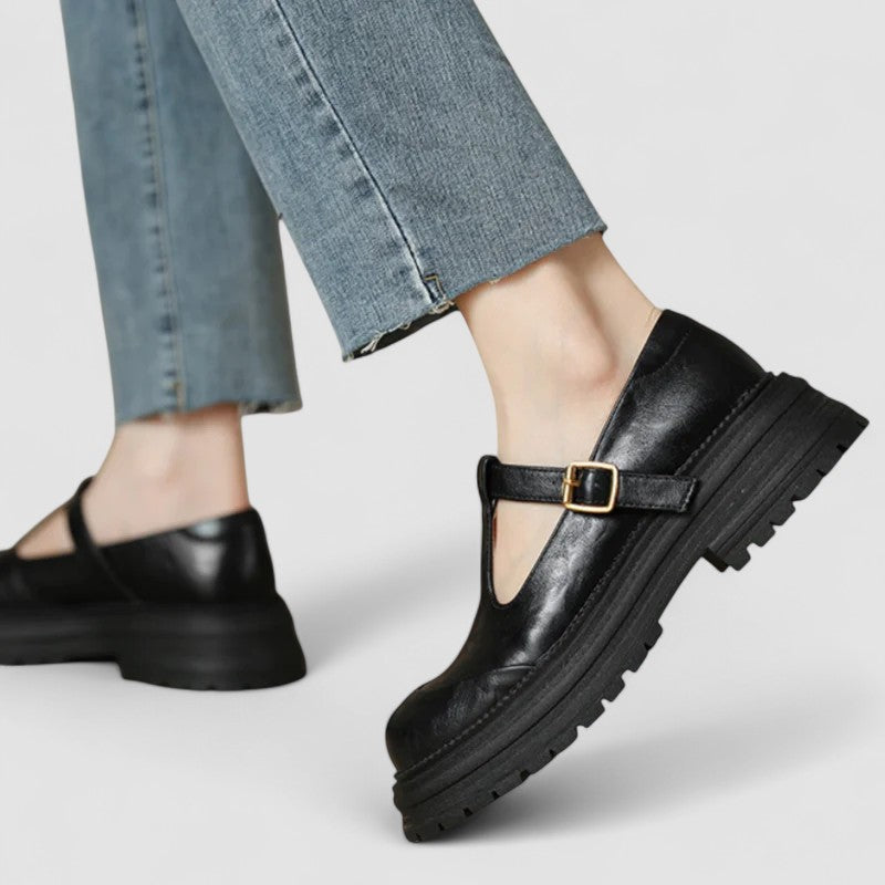 Women's Leather Mary Jane T-Bar Buckle Platform Heels