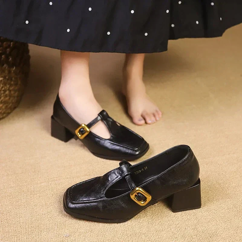 Women's Square Toe T-Bar Mary Jane Heels - Block Heel - Buckle