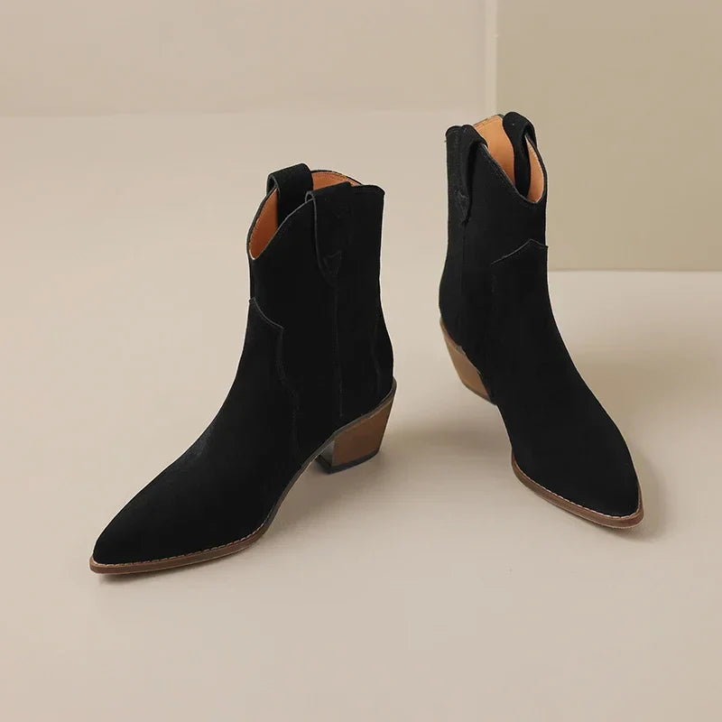 Women's Suede Cowgirl Boots - Pointed Toe Western Ankle Boots - Mid Block Heel - Pull-On